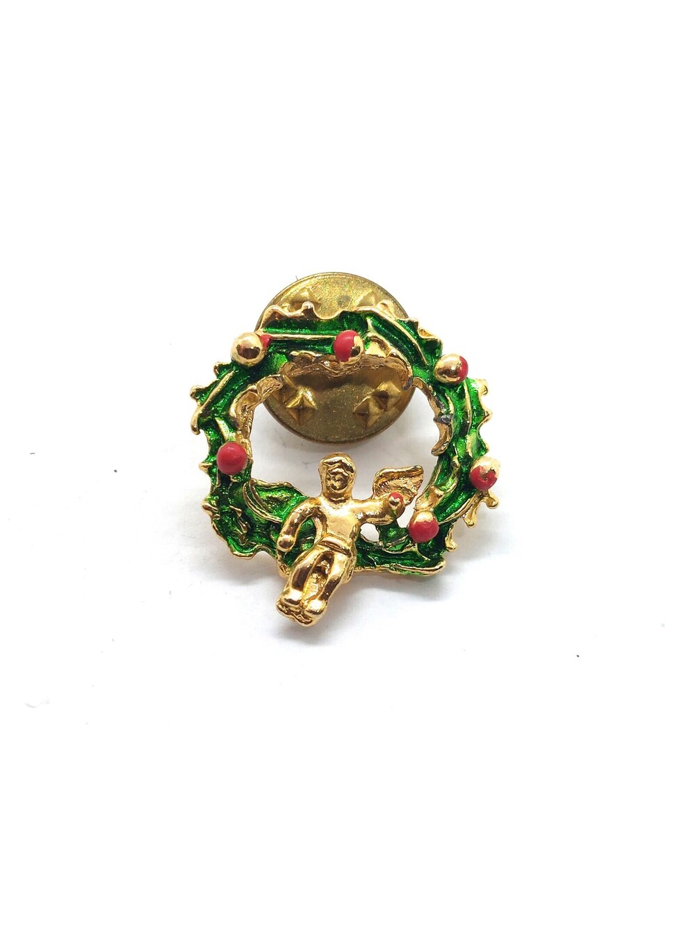 Vintage Christmas Wreath Pin Cherub Angel Enamel Holly Berries Holiday Lapel